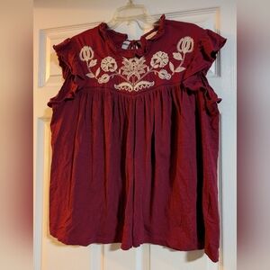 Knox Rose Burgundy Blouse with Cream Embroidery Sz XL